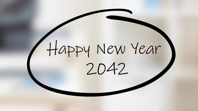Happy New Year 2042 Handwriting using black marker on glass