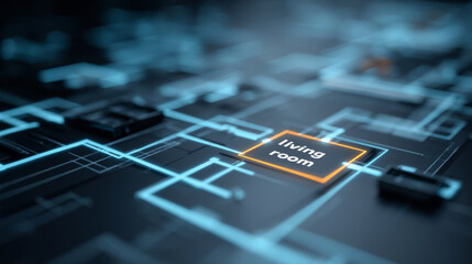 Digital architectural floor plan with highlighted living room section in glowing blue and orange futuristic interface design