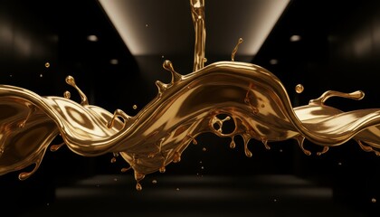 Golden Liquid Splash on Dark Background. Dynamic Fluid Pouring. Luxury Abstract Movement.