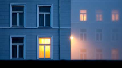Evening view of a blue apartment building with one illuminated window and foggy reflection of on adjacent wall