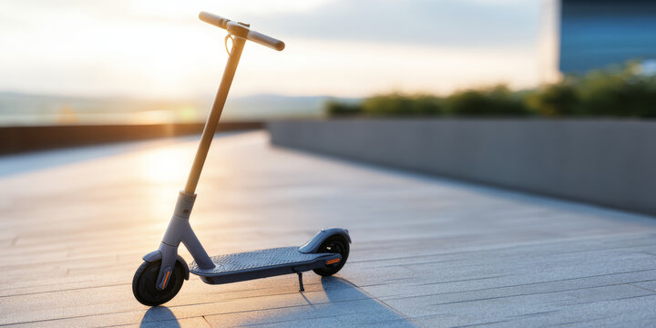 Modern electric scooter parked on urban pavement during sunset with soft natural light and blurred background
