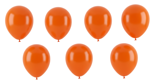 Seven bright orange balloons, arranged in two rows, cutout, PNG isolated on white or transparent background