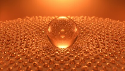 Clear Liquid Sphere on Shimmering Golden Patterned Surface. Science & Technology Background.