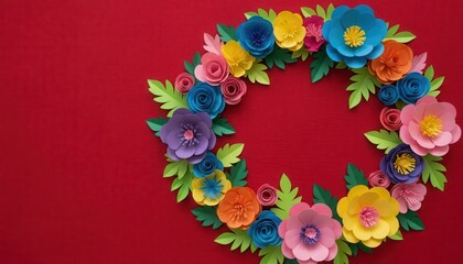 Colorful Handmade Paper Flower Wreath. Vibrant Floral Decoration on Bright Red Background.