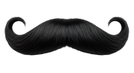 Realistic black handlebar mustache, with curled ends and detailed hair strands, cutout, PNG isolated on white or transparent background