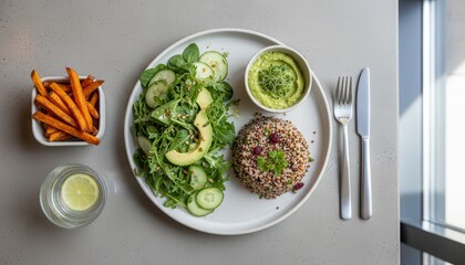 Wholesome Plant-Based Meal: Quinoa, Fresh Salad, Guacamole & Sweet Potato Fries on Modern Table