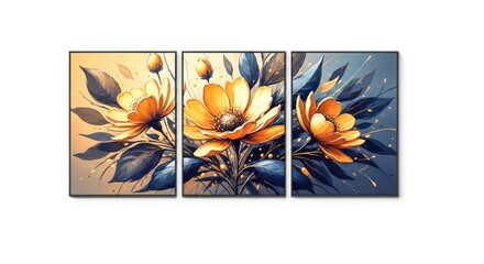 Elegant golden flowers triptych isolated on white background, showcasing a blend of modern art and floral beauty in a contemporary design style