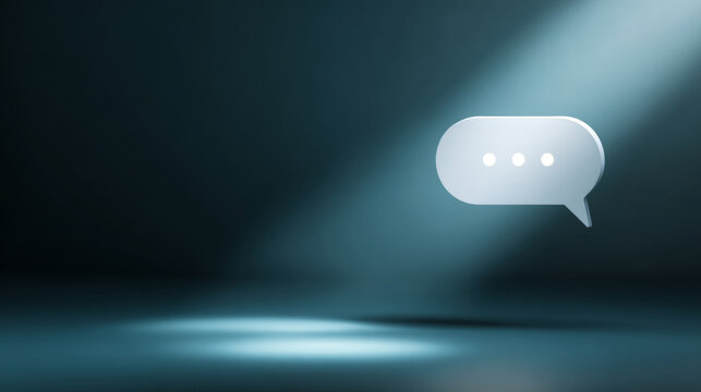 3D speech bubble icon with ellipsis illuminated by spotlight on dark background representing communication and messaging concept