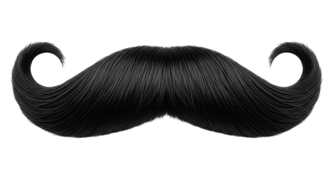 Realistic black handlebar mustache, with curled ends and detailed hair strands, cutout, PNG isolated on white or transparent background