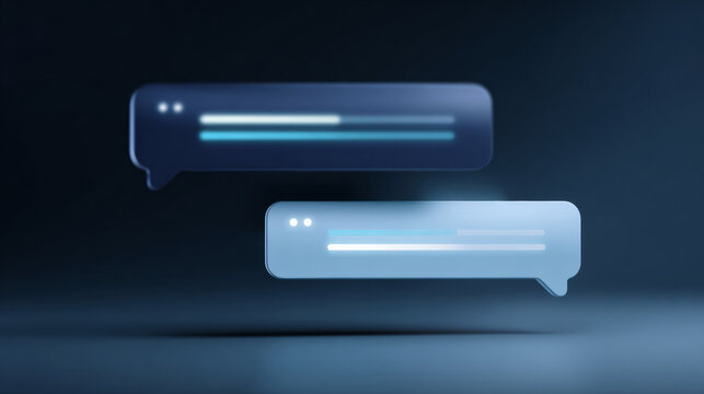 Abstract digital chat bubbles with glowing lines representing online messaging communication in a dark blue futuristic interface