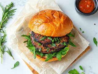 Delicious beyond meat burger on a bun with fresh herbs and sauces in bright kitchen overhead shot