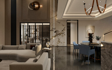 3d render luxuty home interior living room dining space