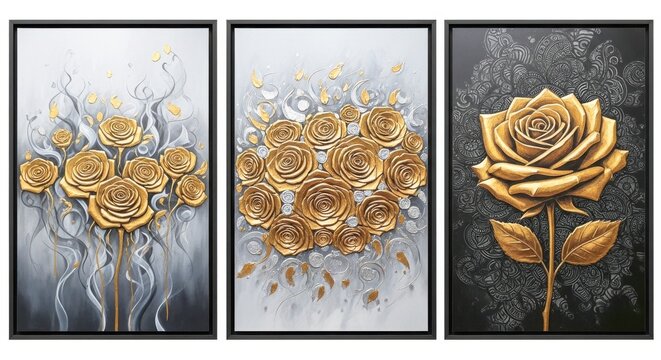 Golden roses triptych a luxurious floral arrangement with metallic accents and elegant design, perfect for adding a touch of sophistication to any room