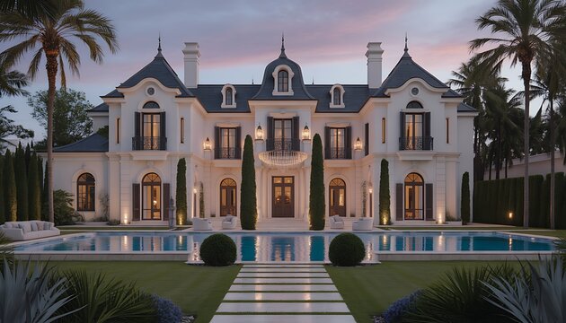 A historic European cathedral building with stunning architecture under the night sky and a front swimming pool