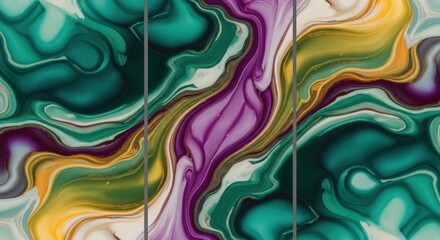 Vibrant abstract fluid art with swirling emerald green purple and yellow hues
