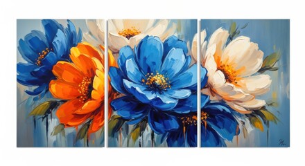 Vibrant triptych oil painting of bold blue and orange flowers on textured background