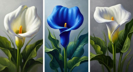 Elegant triptych of vibrant calla lilies in white and striking blue hues