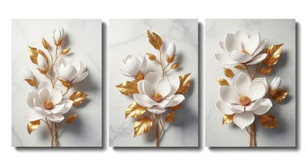 Elegant triptych wall art featuring delicate white magnolia blossoms with golden accents