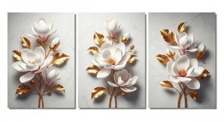 Elegant triptych wall art featuring delicate white and gold magnolia blossoms