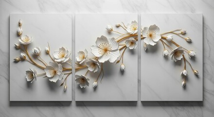 Elegant triptych wall art featuring delicate 3d sculpted white flowers on a textured gray background