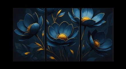 Dark blue floral triptych with golden yellow centers and dramatic lighting