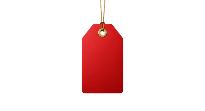 Red rectangular tag, with rounded corners hanging by a gold string and grommet, cutout, PNG isolated on white or transparent background