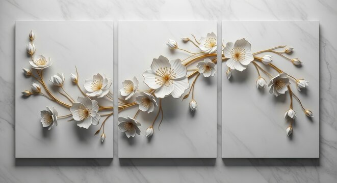 Elegant triptych wall art featuring delicate 3d sculpted white flowers on a textured gray background