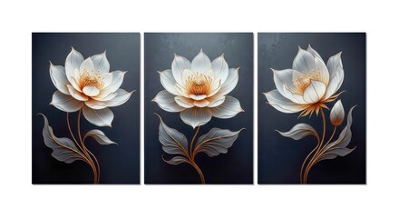 Elegant triptych of realistic white lotus flowers with golden centers on a dark background