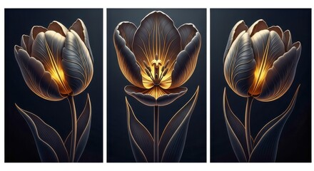 Three illuminated tulips glow with warm light against a dark moody background