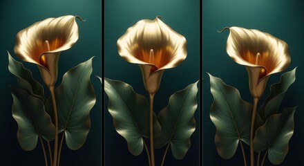 Elegant golden calla lilies illuminated against a dark teal background in a vertical triptych