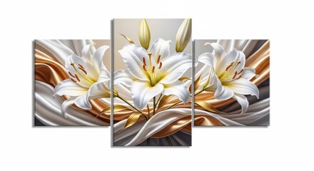 Elegant white lilies adorned with flowing silken ribbons on a textured background