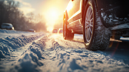Winter Snow Covered Road with Car Tire Tracks, Snowy Street Surface, Vehicle Wheel Marks in Fresh White Snow, Cold Weather Driving Conditions