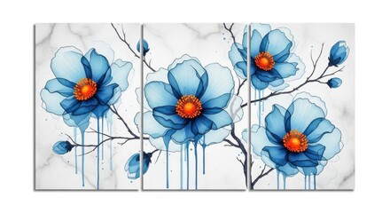 Abstract blue watercolor flowers with orange centers on a marble textured background