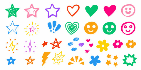 Collection of colorful hand drawn doodle icons including stars hearts smiley faces flowers and lightning bolts on white background