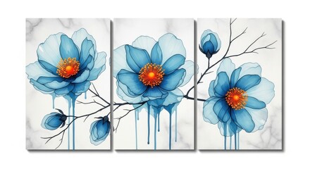 Delicate watercolor blue flowers with orange centers on a triptych canvas art