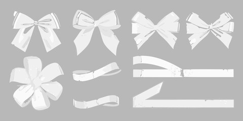 Collection of white bows and ribbons with a textured hand drawn style on a gray background