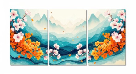 Serene triptych canvas art featuring blooming cherry blossoms and misty mountains