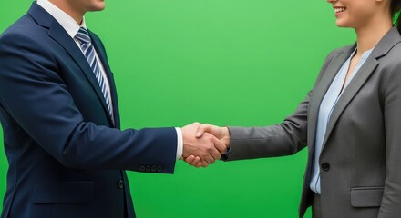 Confident business partners sealing a deal with a firm handshake against a vibrant green background