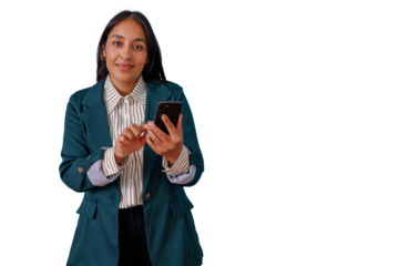 Indian businesswoman interacting with smartphone, networking, communicating, and managing tasks on transparent background