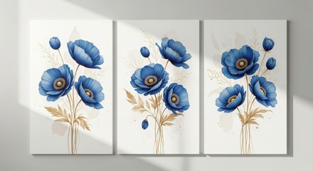 Elegant triptych canvas art featuring vibrant blue poppy flowers in a modern style