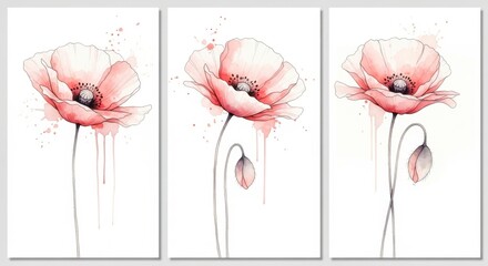 Delicate watercolor poppies bloom in a triptych panel art display