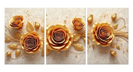 Elegant triptych wall art featuring textured golden roses and delicate petals on a neutral background
