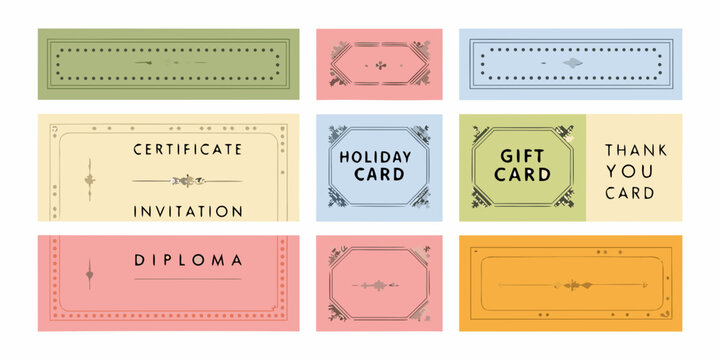 Collection of decorative certificates invitations gift cards and diplomas with vintage borders and pastel colors