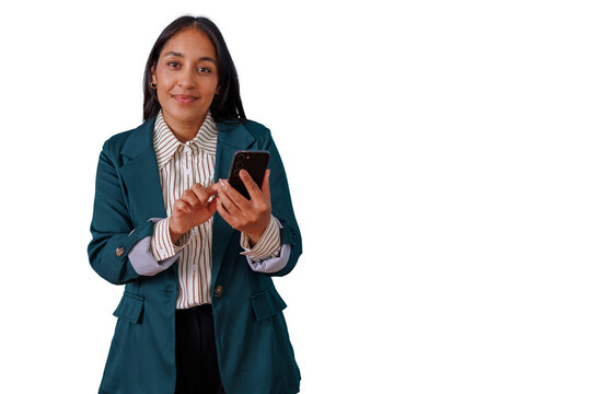 Indian businesswoman interacting with smartphone, networking, communicating, and managing tasks on transparent background