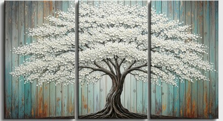Textured white blossom tree art on rustic wood panel triptych wall decor