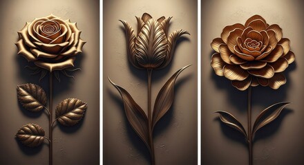 Artistic triptych of sculpted flowers in metallic bronze and gold tones