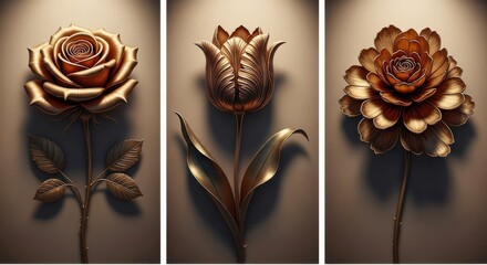 Three intricately crafted metallic floral sculptures displayed with dramatic spotlighting