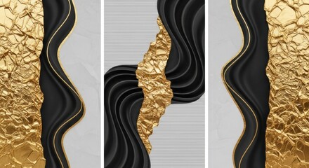 Abstract triptych art featuring textured black waves and gilded gold accents on a light background