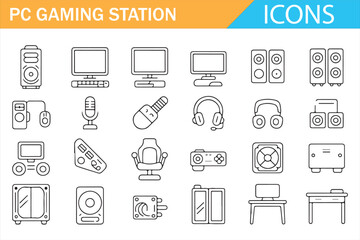 Vector pack of PC gaming setup icons for esports and tech design