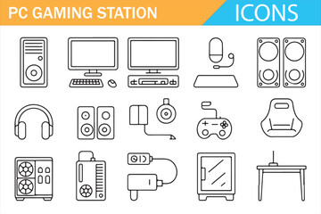 Outline PC gaming station icons set with monitors and accessories